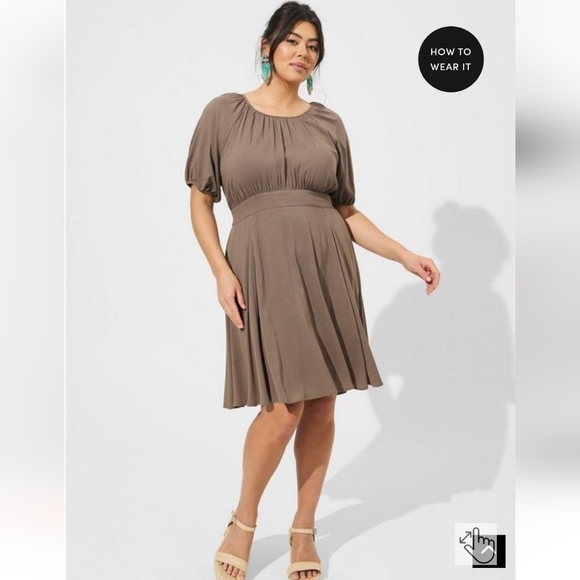 Mini Rayon Slub Puff Sleeve Skater Dress - Picture 1 of 6